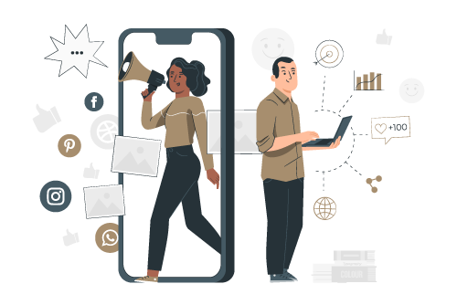 Cartoon with two people, one is coming out of a giant cell phone carrying a megaphone, and the other person is holding a laptop and smiling